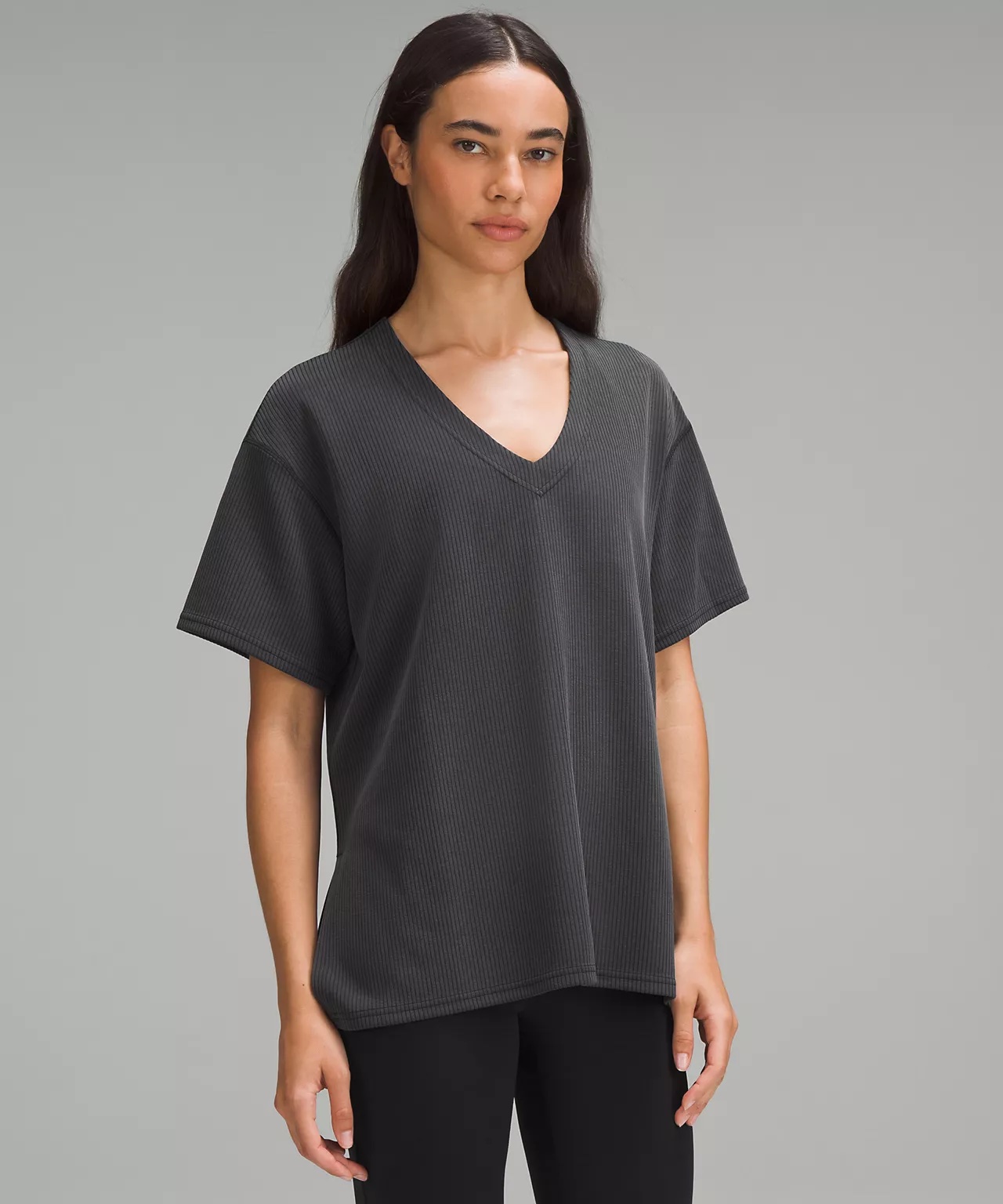woman wearing Ribbed Softstreme Relaxed-Fit T-Shirt 3 from lululemon's hottest styles